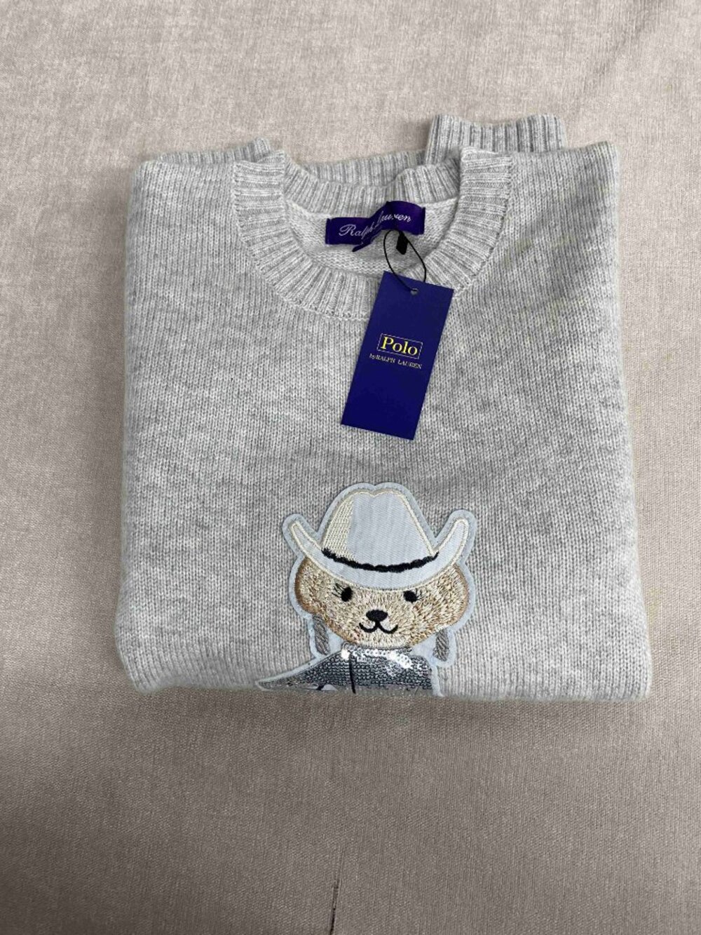 Polo Ralph Lauren Cowgirl Bear Patch Grey Crewneck Wool Blend Sweater - Picture 2 of 7